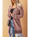 Pink Plaid Knitted Long Open Front Cardigan - L