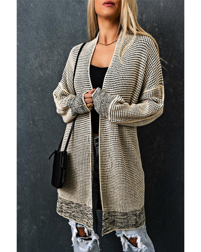 Apricot Plaid Knitted Long Open Front Cardigan - M