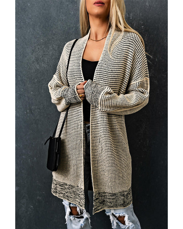 Apricot Plaid Knitted Long Open Front Cardigan - M