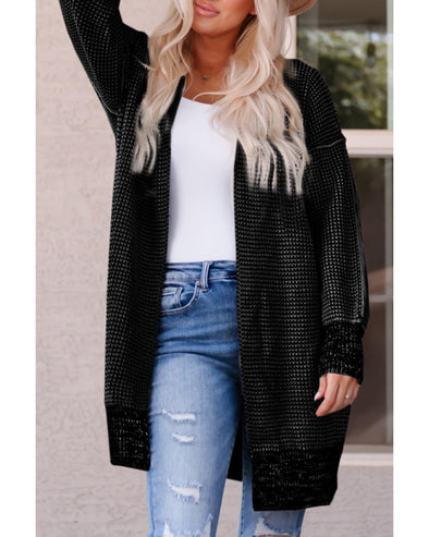 Black Plaid Knitted Long Open Front Cardigan - S