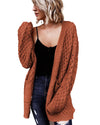 Brown Open Front Woven Texture Knitted Cardigan with Pockets - L