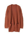 Brown Open Front Woven Texture Knitted Cardigan with Pockets - L