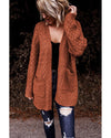 Brown Open Front Woven Texture Knitted Cardigan with Pockets - L