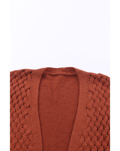 Brown Open Front Woven Texture Knitted Cardigan with Pockets - XL