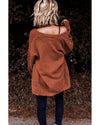 Brown Open Front Woven Texture Knitted Cardigan with Pockets - XL