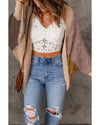 Brown Color Block Loose Open Front Knitted Cardigan - S