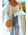 Beige Tasseled Hollow-out Cable Knit Cardigan - One Size