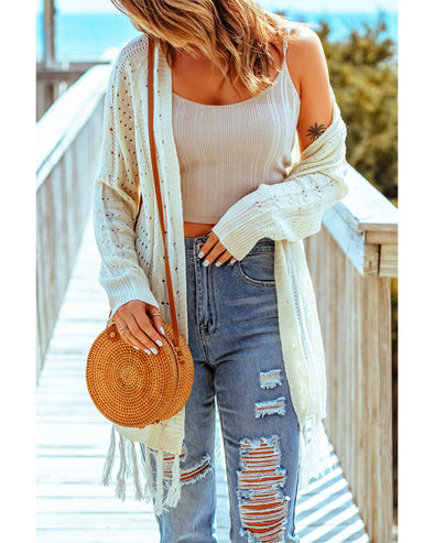Beige Tasseled Hollow-out Cable Knit Cardigan - One Size