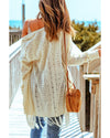 Beige Tasseled Hollow-out Cable Knit Cardigan - One Size
