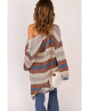 Blue Striped Color Block Hollowed Knit Cardigan - 2XL