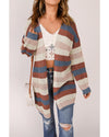 Blue Striped Color Block Hollowed Knit Cardigan - 2XL
