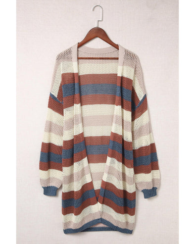 Blue Striped Color Block Hollowed Knit Cardigan - L