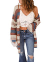 Blue Striped Color Block Hollowed Knit Cardigan - L