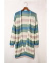 Green Striped Color Block Hollowed Knit Cardigan - M