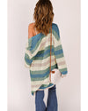 Green Striped Color Block Hollowed Knit Cardigan - M