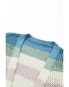 Green Striped Color Block Hollowed Knit Cardigan - M