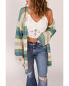 Green Striped Color Block Hollowed Knit Cardigan - M