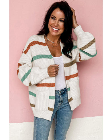 Azura Exchange Beige Drop Shoulder Pocketed Stripe Sweater Cardigan - 2XL