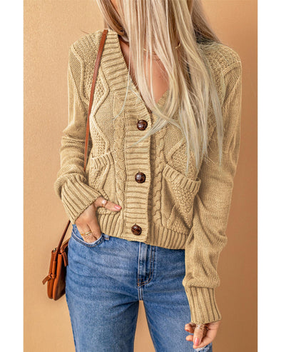 Azura Exchange Beige Front Pockets Buttons Textured Cardigan - 2XL