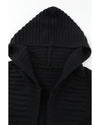 Black Horizontal Rib Knitted Open Front Hooded Cardigan - L
