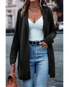 Black Horizontal Rib Knitted Open Front Hooded Cardigan - L