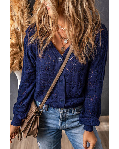 Blue Lightweight Buttoned Front Crochet Cardigan - S