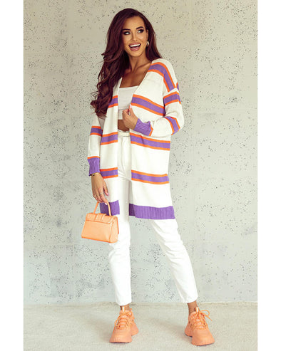 Azura Exchange Beige Striped Long Sleeve Ribbed Trim Button Cardigan - L