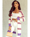 Azura Exchange Beige Striped Long Sleeve Ribbed Trim Button Cardigan - L