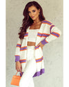 Azura Exchange Beige Striped Long Sleeve Ribbed Trim Button Cardigan - L