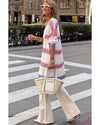 Azura Exchange Beige Striped Long Sleeve Ribbed Trim Button Cardigan - L