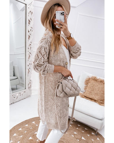 Azura Exchange Khaki Hollow-out Openwork Knit Cardigan - XL