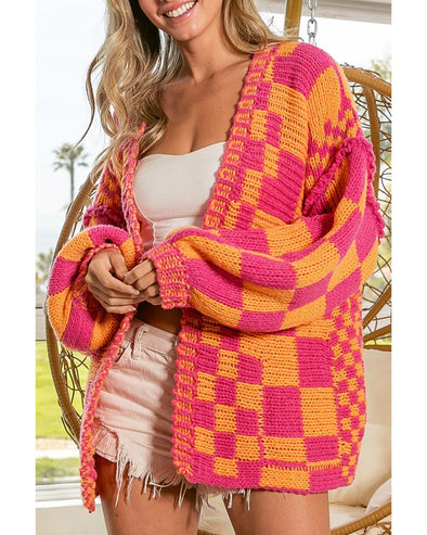 Azura Exchange Multicolor Open Front Mixed Checkered Pattern Knit Cardigan - L
