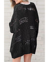 Black Casual Hollowed Knit Dolman Sleeve Cardigan - M
