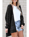 Black Casual Hollowed Knit Dolman Sleeve Cardigan - XL