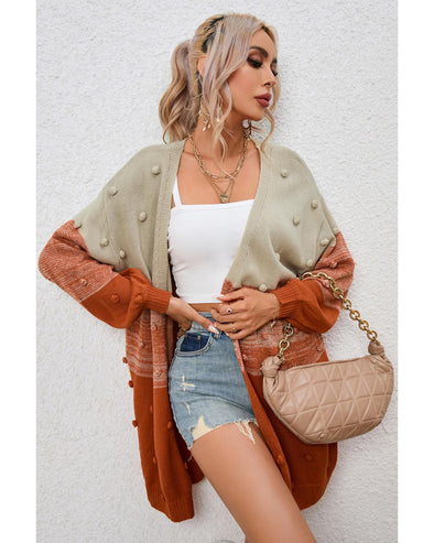 Azura Exchange Brown Pompom Color Block Open Front Cardigan - M