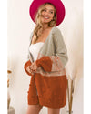 Azura Exchange Brown Pompom Color Block Open Front Cardigan - M