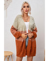 Azura Exchange Brown Pompom Color Block Open Front Cardigan - M