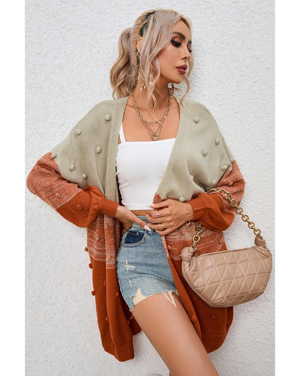 Azura Exchange Brown Pompom Color Block Open Front Cardigan - S