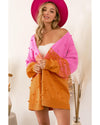 Multicolor Pompom Color Block Open Front Cardigan - XL