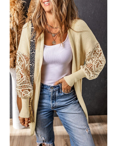 Apricot Crochet Lace Sleeve Ribbed Knit Cardigan - M