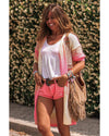 Azura Exchange Pink Ribbed Short Sleeve Ombre Eyelet Knitted Cardigan - L