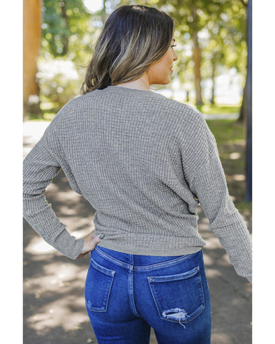 Gray Black/Pink/Gray/Khaki/Apricot  Wrap V Neck Waffle Sweater - 2XL