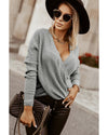 Gray Black/Pink/Gray/Khaki/Apricot  Wrap V Neck Waffle Sweater - 2XL