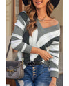 Gray Striped Colorblock V Neck Knitted Sweater - XS