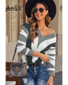 Gray Striped Colorblock V Neck Knitted Sweater - XS