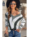 Gray Striped Colorblock V Neck Knitted Sweater - XS