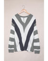 Gray Striped Colorblock V Neck Knitted Sweater - XS