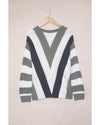 Gray Striped Colorblock V Neck Knitted Sweater - XS