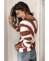 Brown Striped Colorblock V Neck Knitted Sweater - M