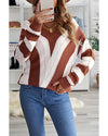 Brown Striped Colorblock V Neck Knitted Sweater - M